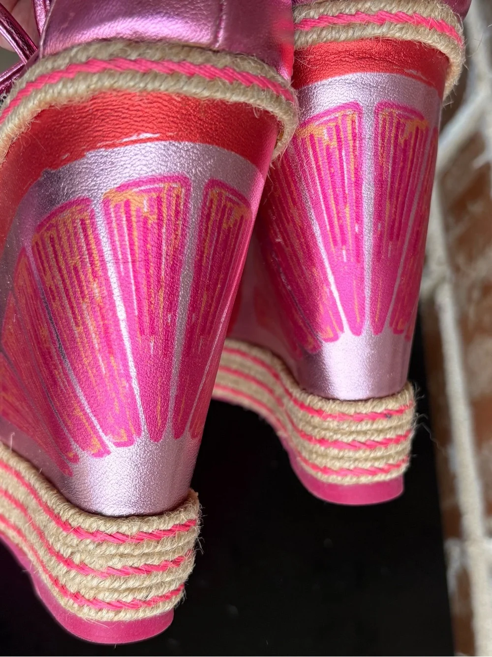 Sophia Webster Mimi Espadrille Wedge Sandals Metallic Citrus Pink EU Size 39